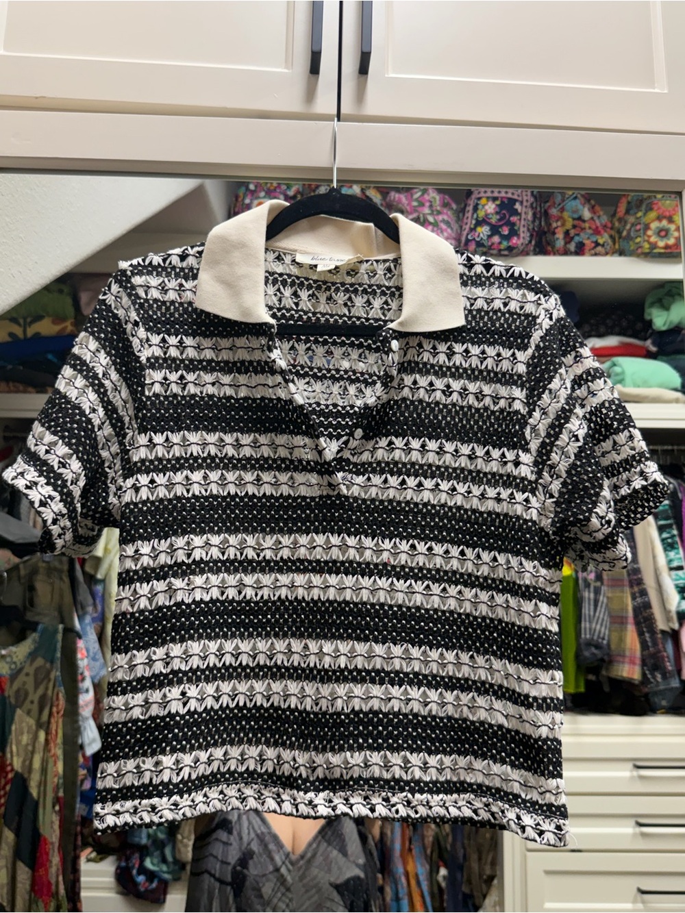 Blue Tassel Black & White Striped Knit Polo Top with Cream Collar